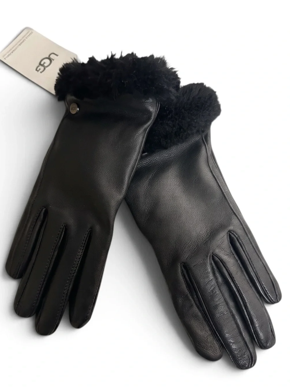 UGG Leather Tech Touch Gloves Cashmere Lined Shearling Cuff Black Sz Medium NWT